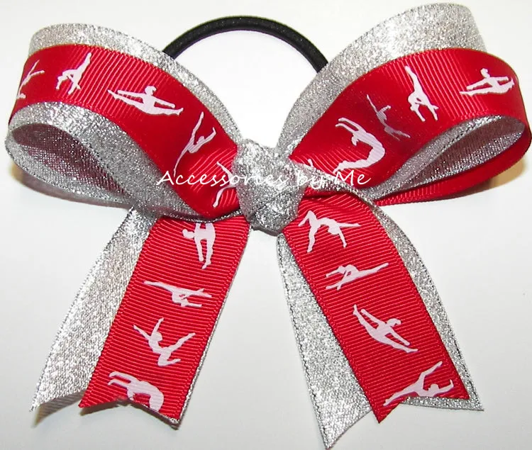 Sparkly Gymnastics Red Silver Ponytail Bow