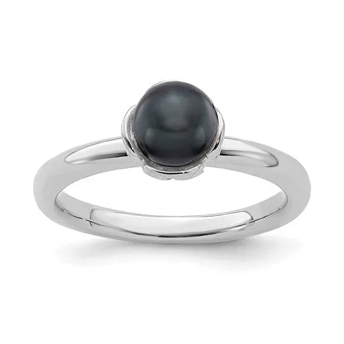 Sterling Silver Stack Expression Black FW Cultured Pearl Ring