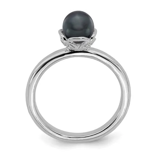 Sterling Silver Stack Expression Black FW Cultured Pearl Ring