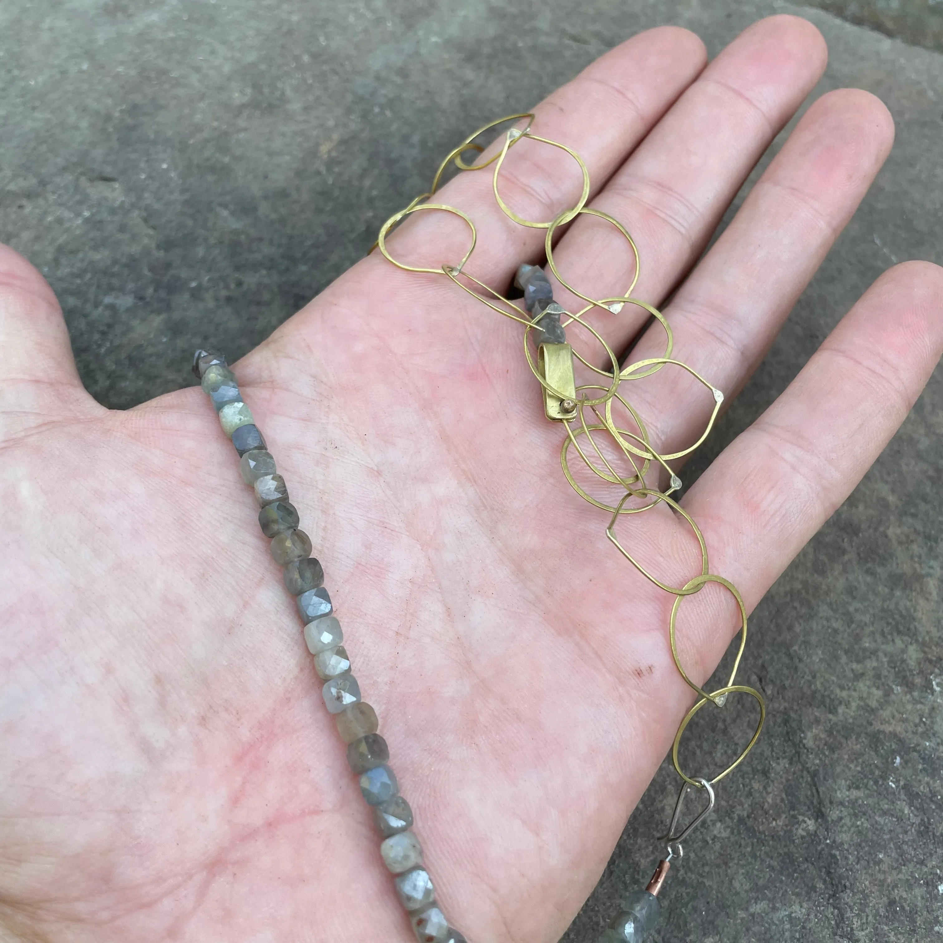 Stone and Handmade Brass Chain Necklace by Eric Silva