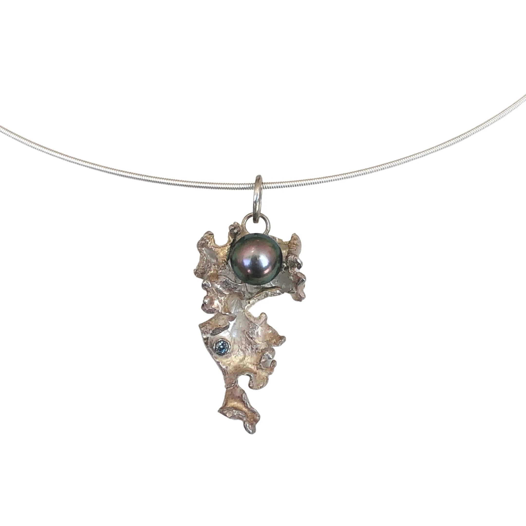 Tahitian Pearl Silver Coral Pendant Accented with Ceylon Sapphire