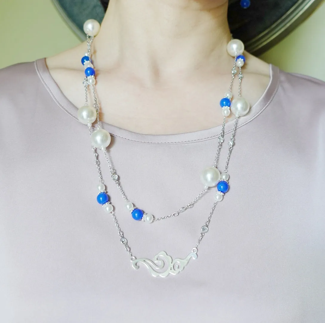 The Nine Blue Stone and Pearl Long Necklace and Earrings Set