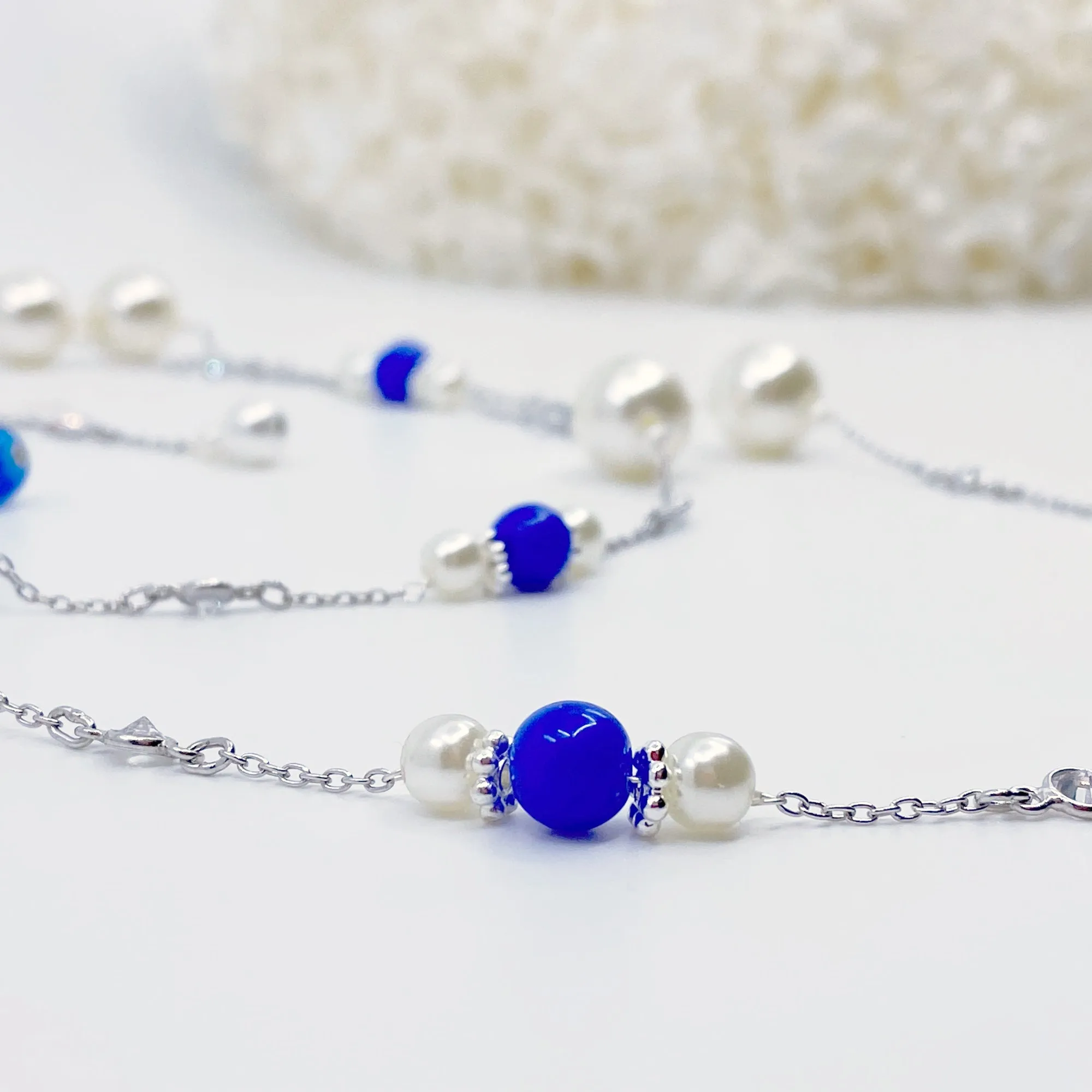 The Nine Blue Stone and Pearl Long Necklace and Earrings Set