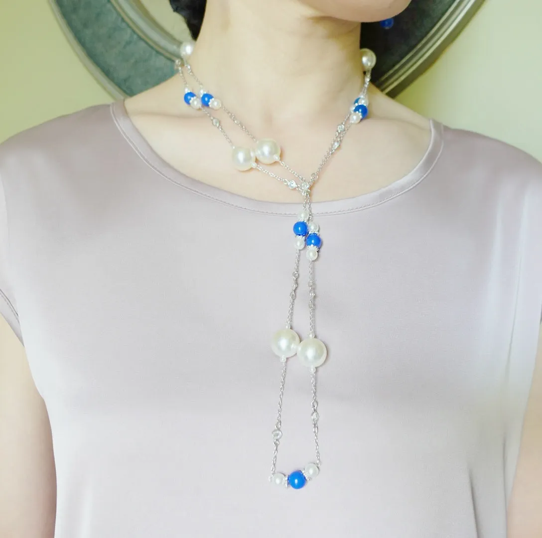 The Nine Blue Stone and Pearl Long Necklace and Earrings Set