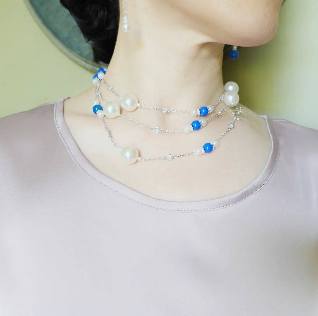 The Nine Blue Stone and Pearl Long Necklace and Earrings Set