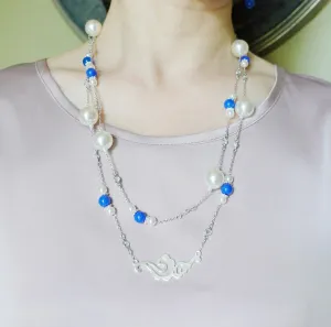 The Nine Blue Stone and Pearl Long Necklace and Earrings Set