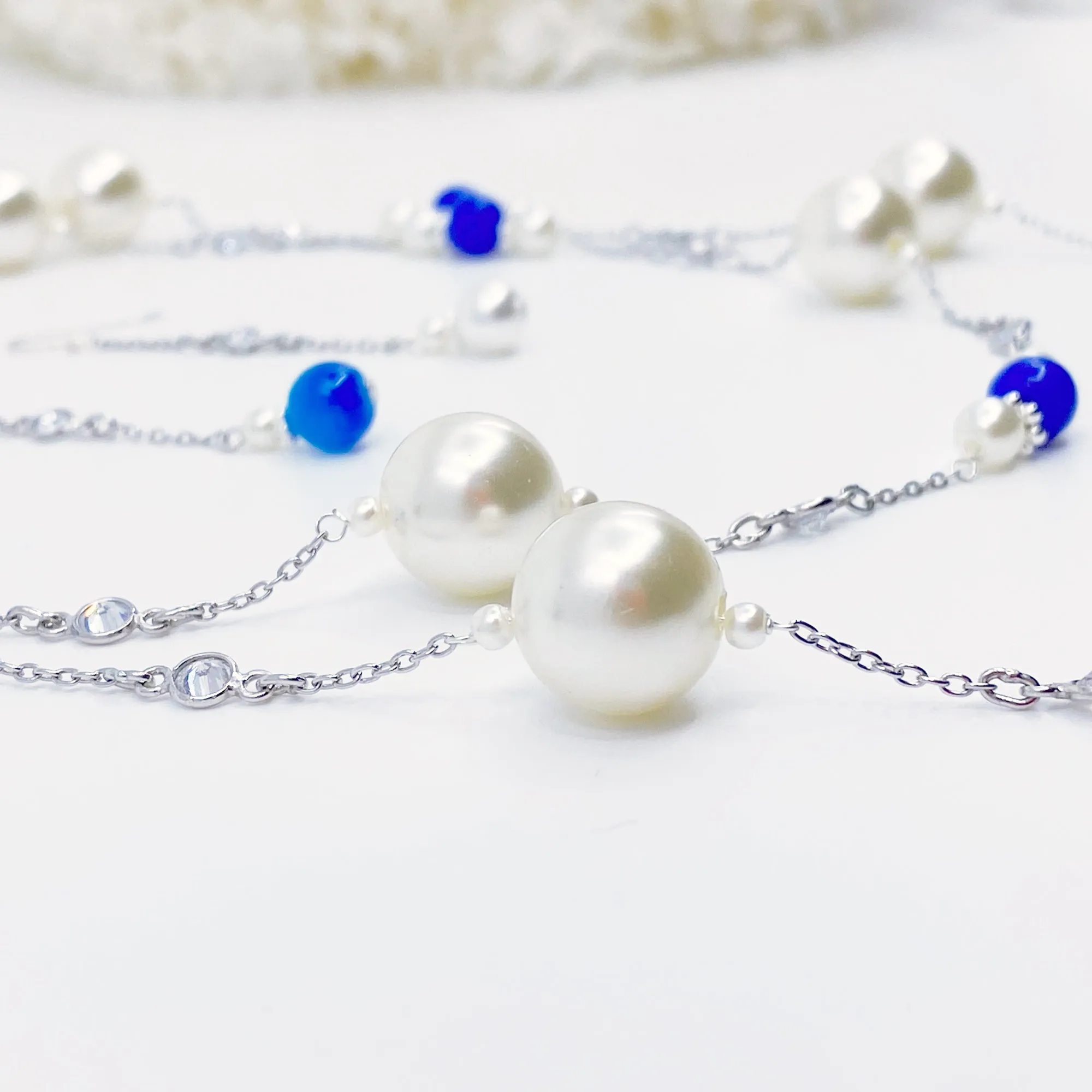 The Nine Blue Stone and Pearl Long Necklace and Earrings Set