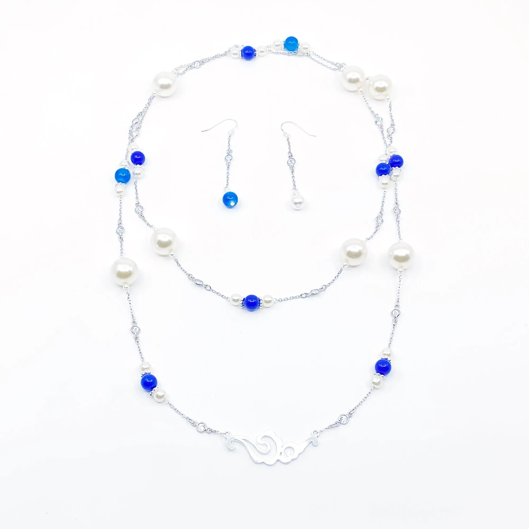 The Nine Blue Stone and Pearl Long Necklace and Earrings Set