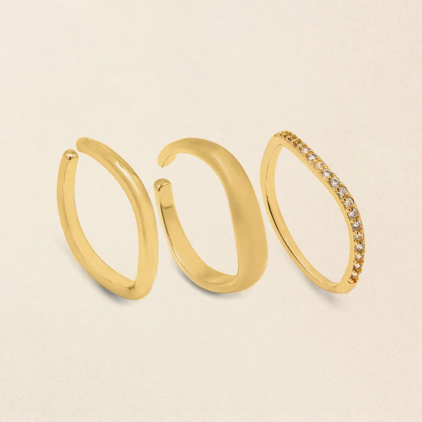 Three Stackable Crystal Wave Ring - Yellow Gold