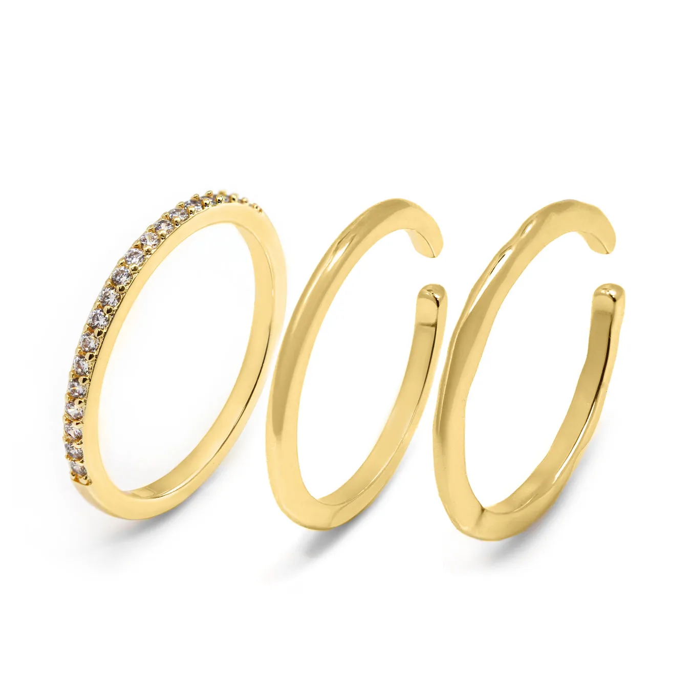 Three Stackable Crystal Wave Ring - Yellow Gold