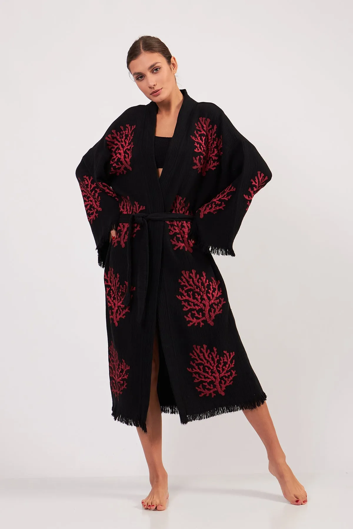 Turkish Towel Kimono Bathrobe Coral Design Black