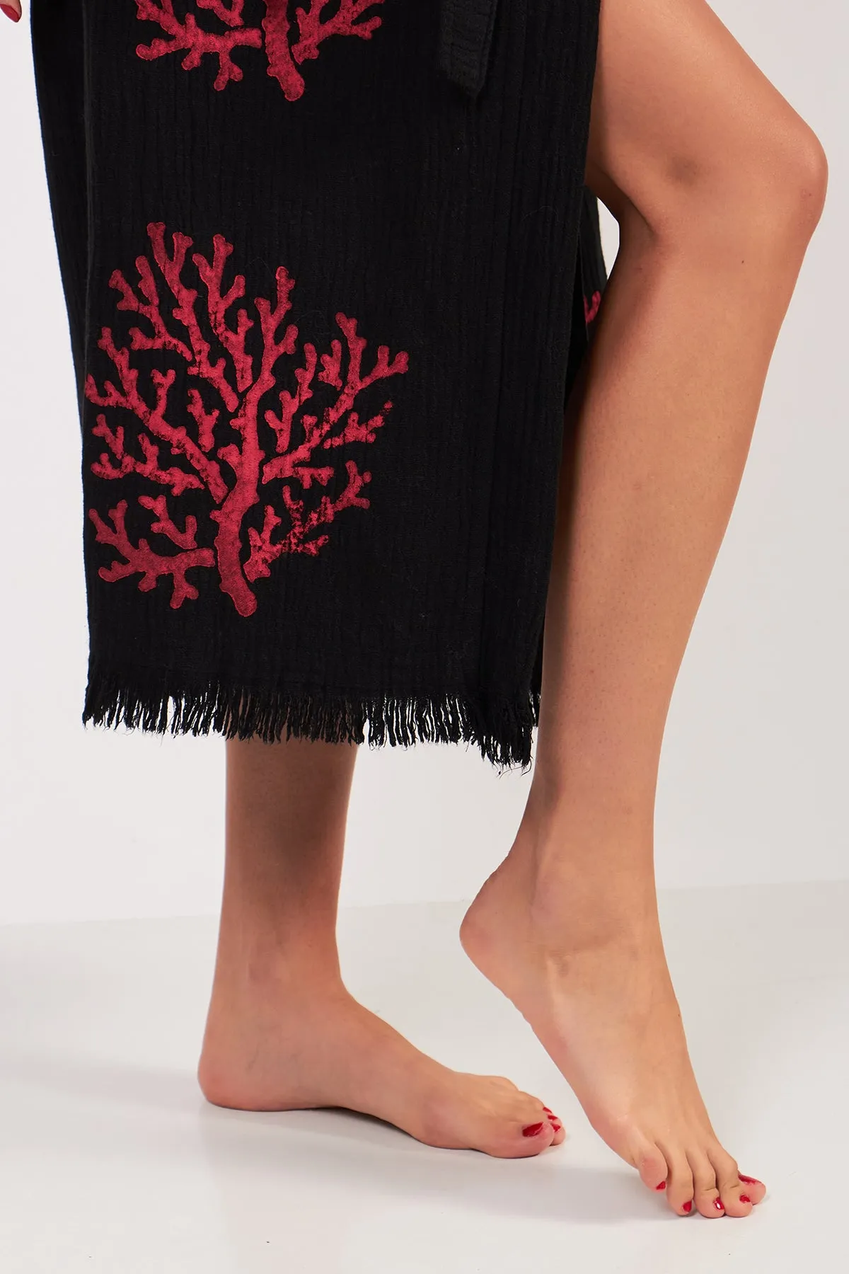 Turkish Towel Kimono Bathrobe Coral Design Black