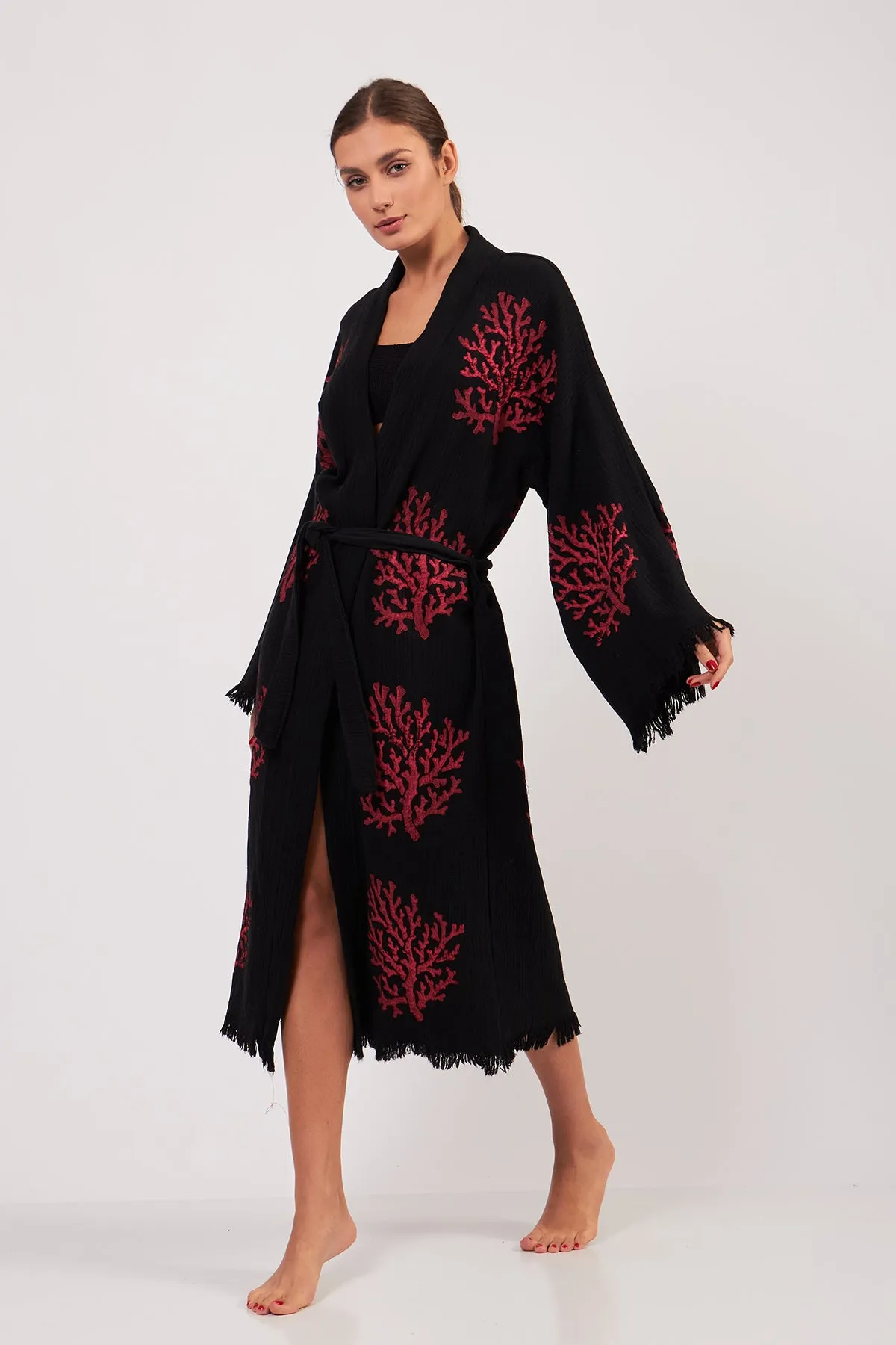 Turkish Towel Kimono Bathrobe Coral Design Black