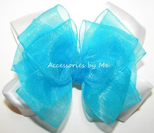 Turquoise White Organza Satin Hair Bow