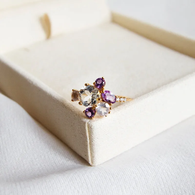 Twilight Rose Cluster Amethyst, Rose Quartz & Diamonds Ring