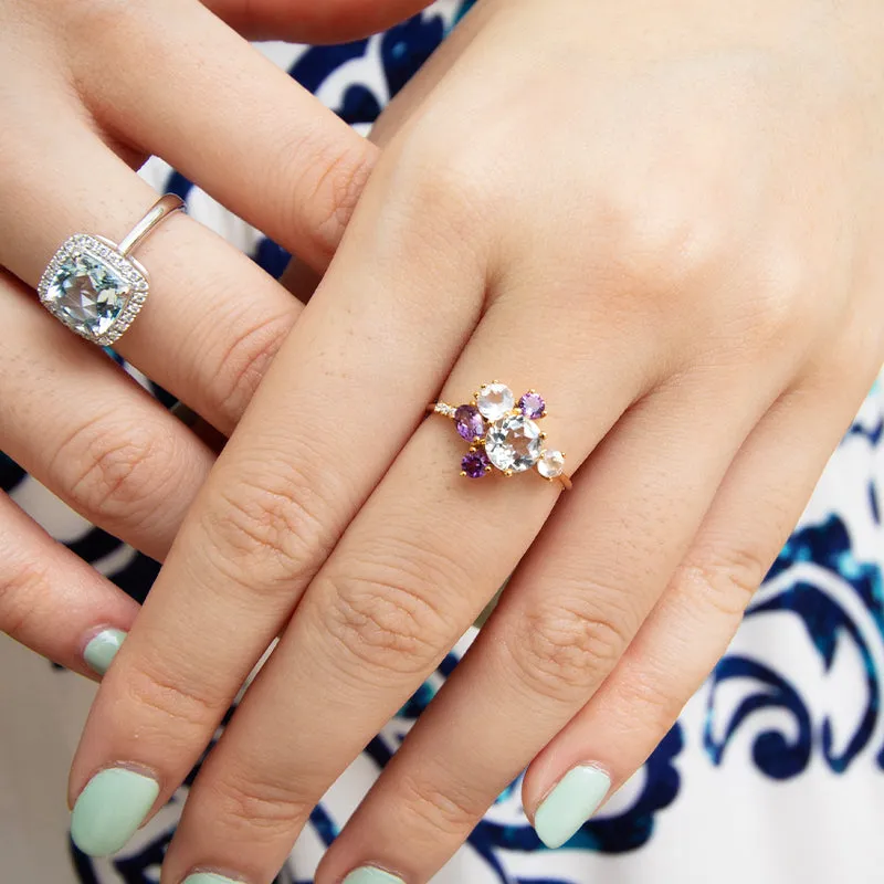 Twilight Rose Cluster Amethyst, Rose Quartz & Diamonds Ring