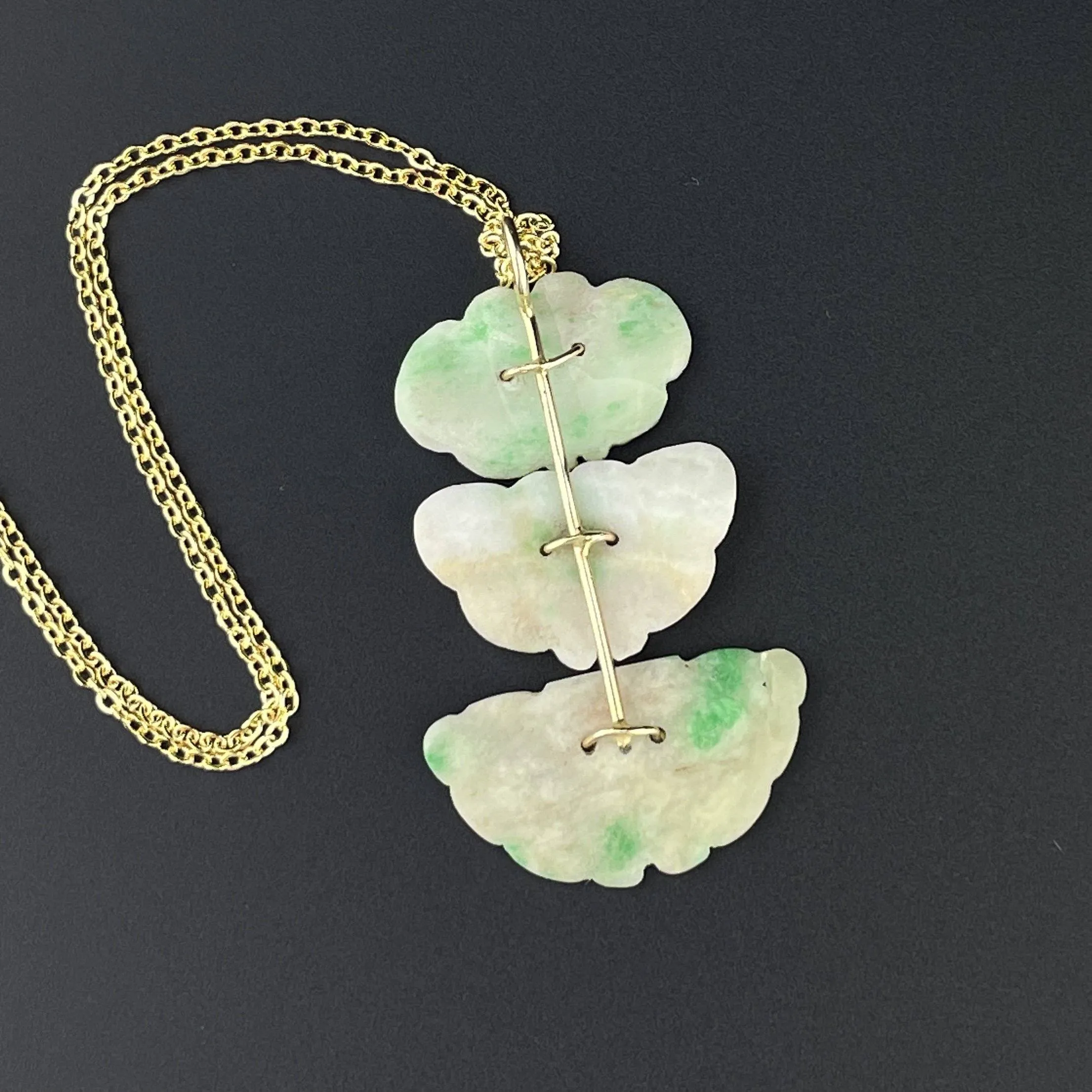 Vintage 14K Gold Jade Butterfly Carved Pendant Necklace