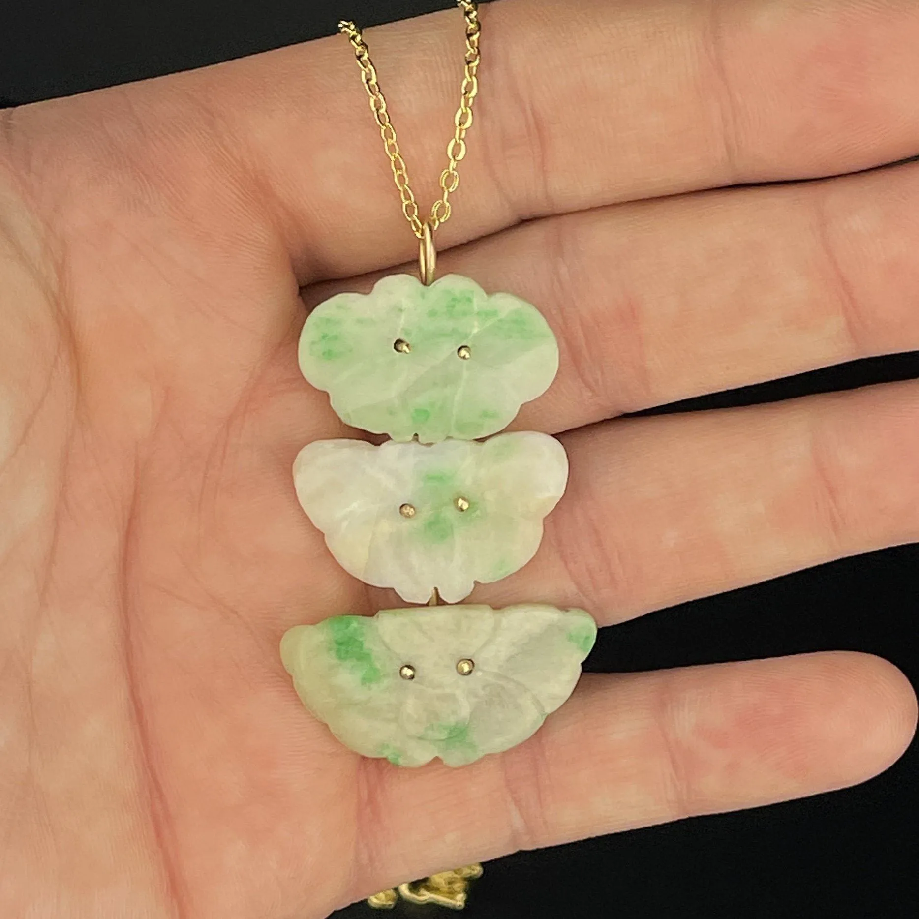 Vintage 14K Gold Jade Butterfly Carved Pendant Necklace