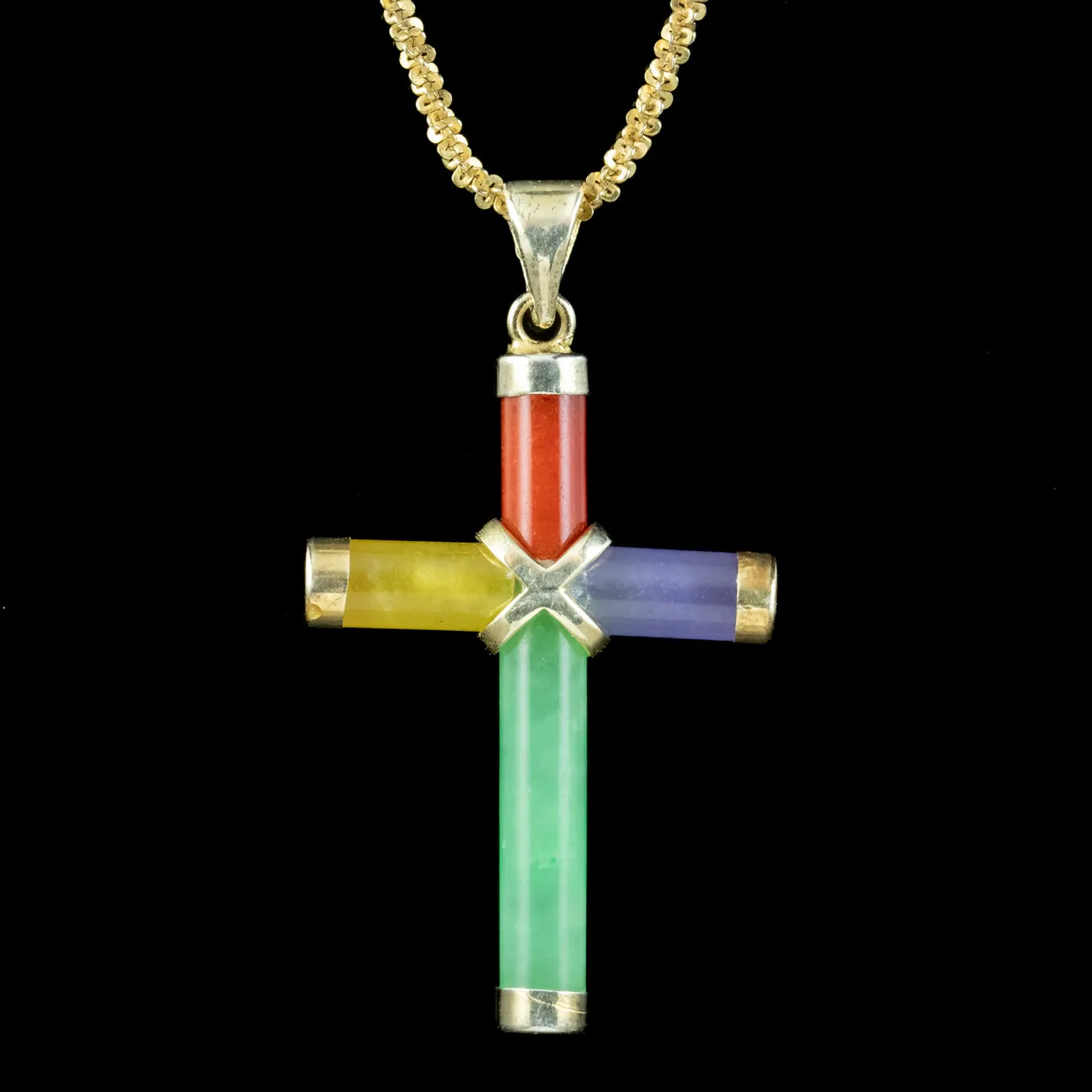 Vintage Jade Cross Pendant Necklace Silver Gold Gilt