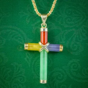 Vintage Jade Cross Pendant Necklace Silver Gold Gilt