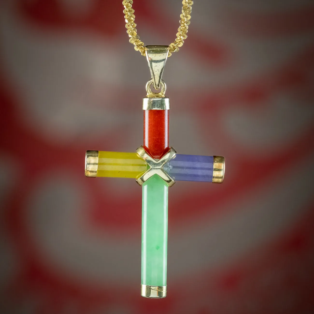 Vintage Jade Cross Pendant Necklace Silver Gold Gilt