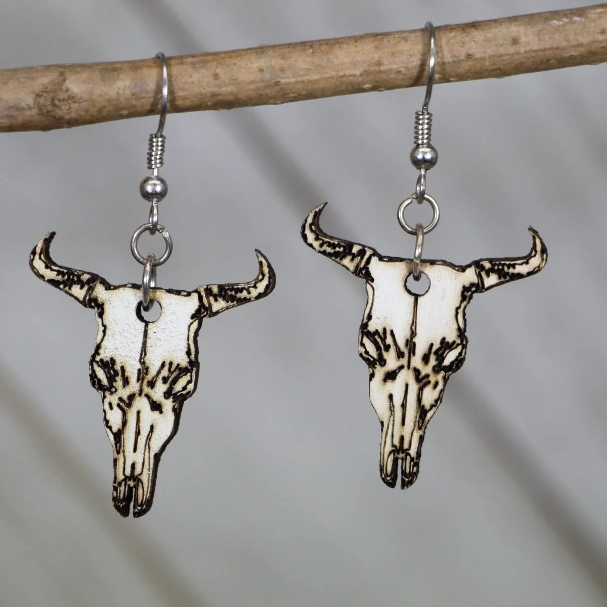 Western Cow Skull Wooden Dangle Earrings by Cate's Concepts, LLC