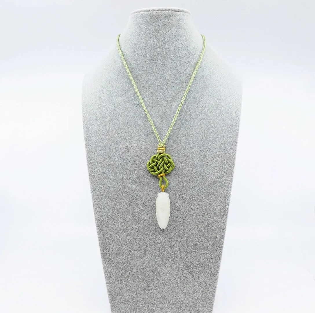 White Jade Cicada Pendant Necklace with Chinese Knot