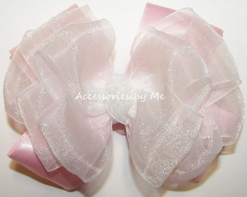 White Light Pink Organza Satin Hair Bow