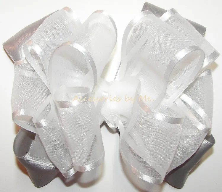 White Silver Organza Satin Hair Bow